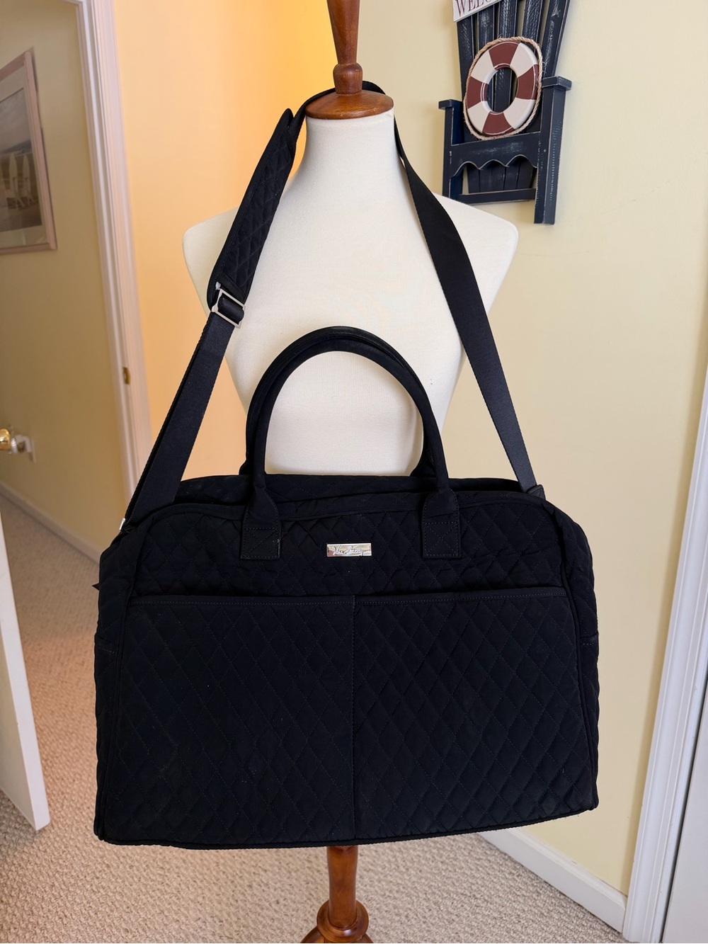 Vera Bradley Black Quilted Travel Tote Bag with Adjustable Strap